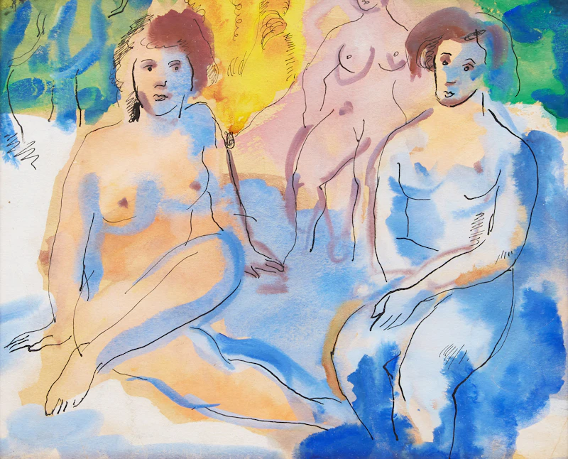 Three Nudes in a Landscape by Marjorie (Jori) Smith