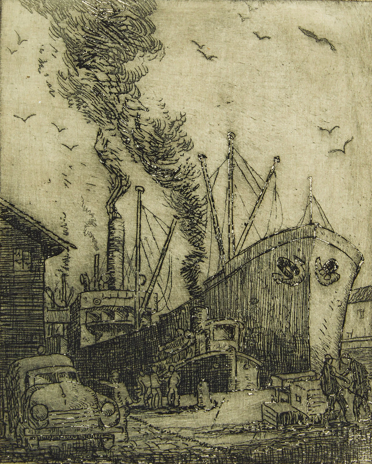 Harry Draper  Wallace, Docks at Toronto, drypoint etching