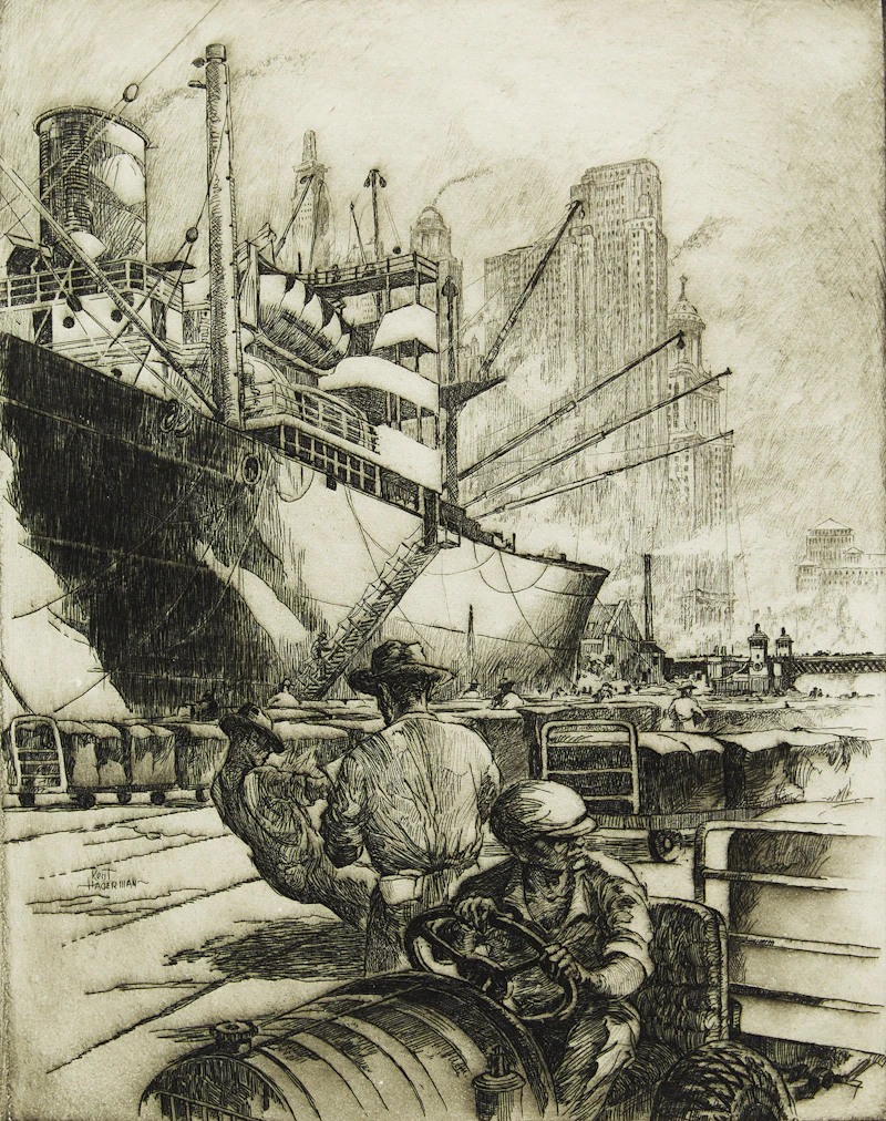 William Kent Hagerman, Wharfside - Chicago, etching