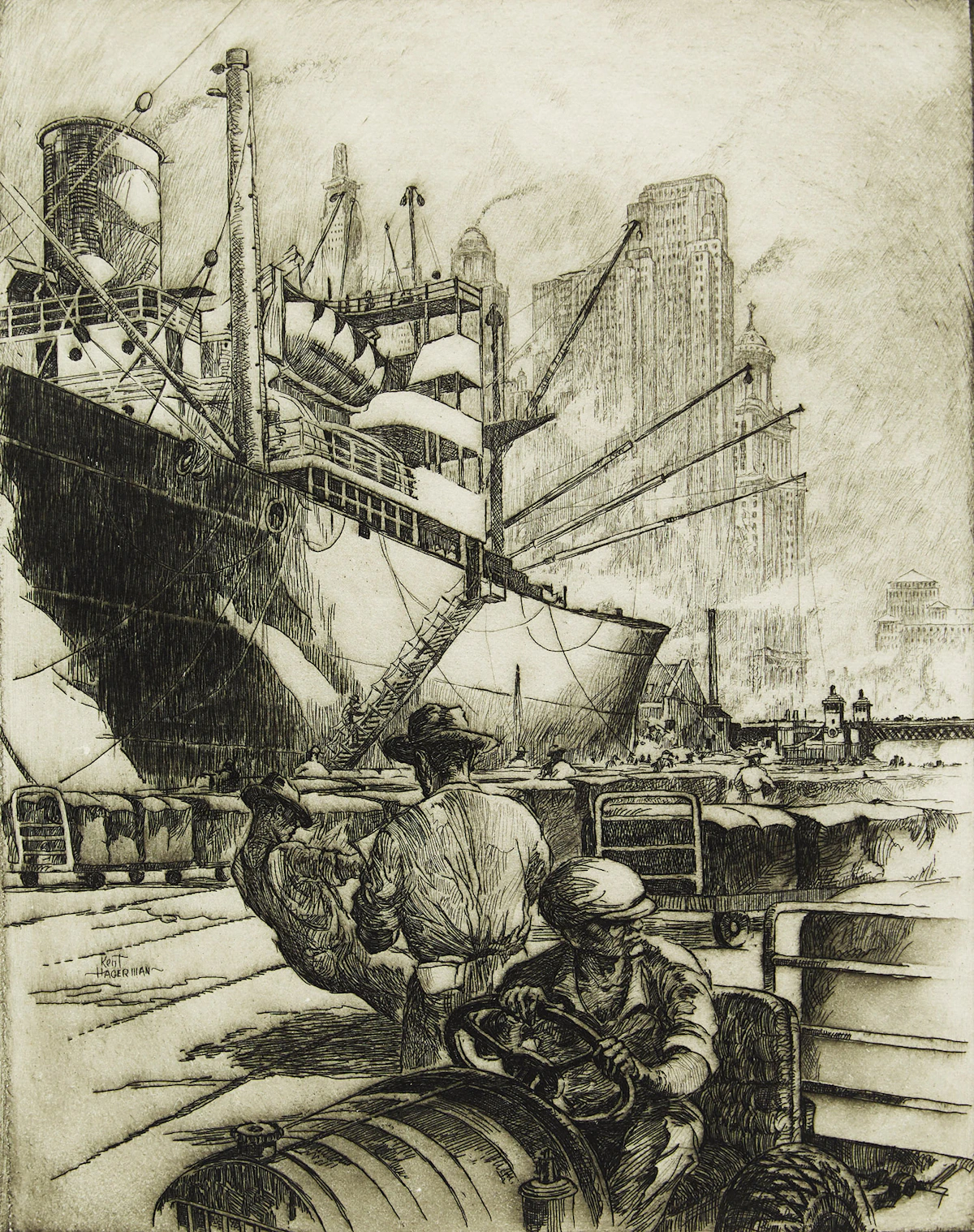 William Kent Hagerman, Wharfside - Chicago, etching