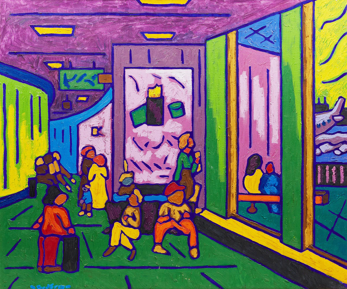 John Godfrey, Airport Activities, oil on canvas