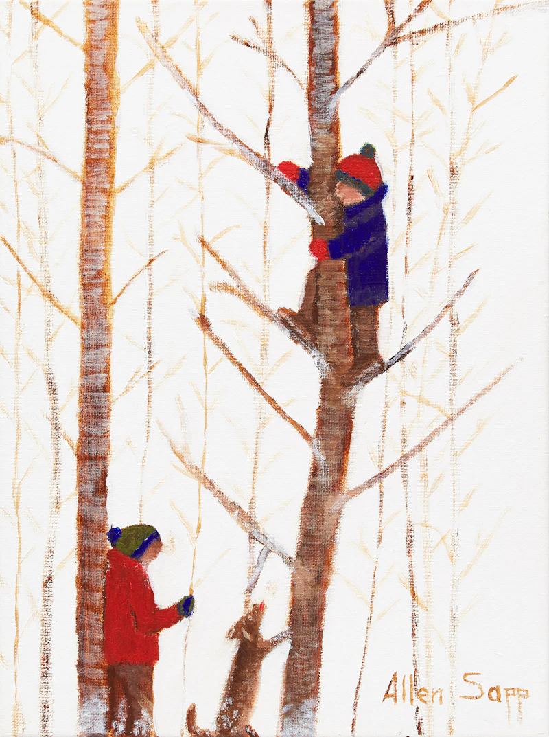 Allen Sapp, Two Boys Playing in Trees, oil on canvas