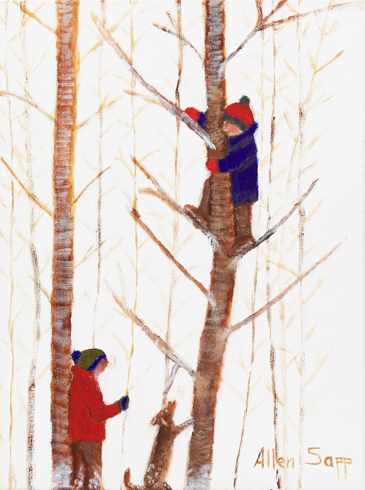 Allen Sapp, Two Boys Playing in Trees, oil on canvas