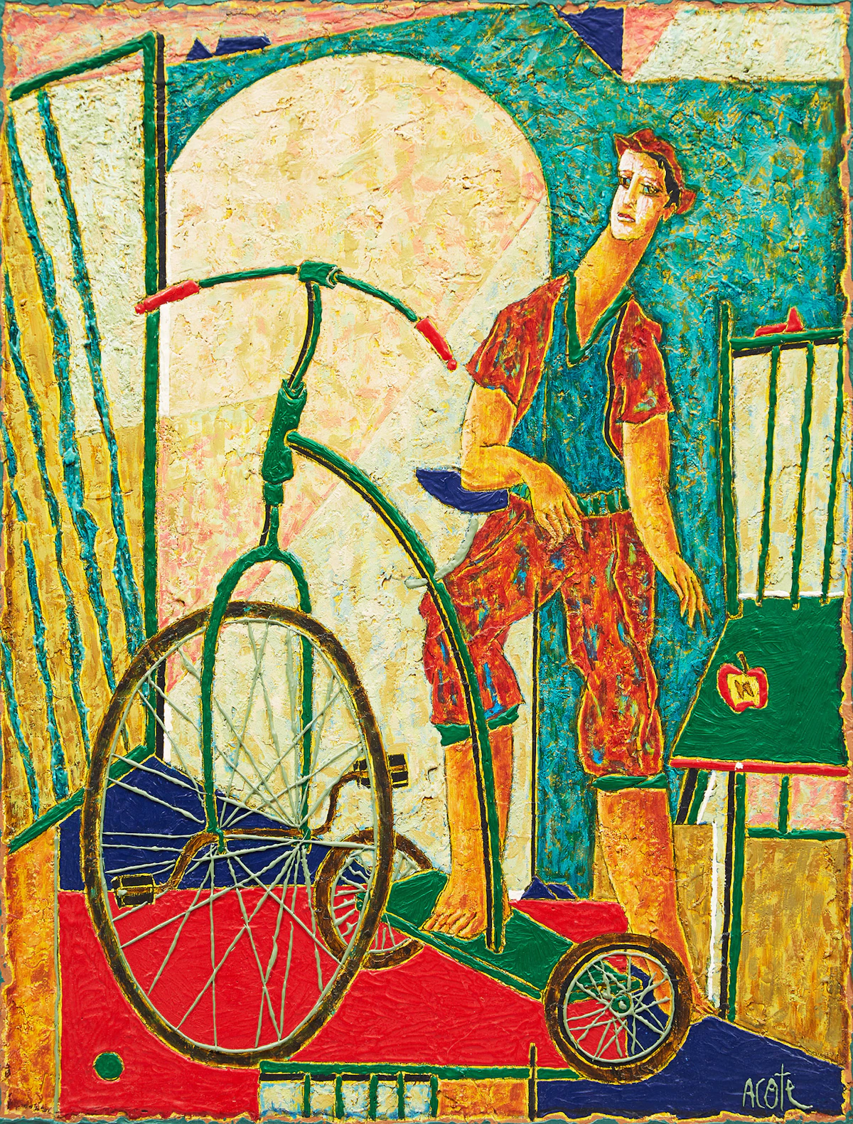 Armand Côté, D’enfant au tricycle, oil on board, 1998