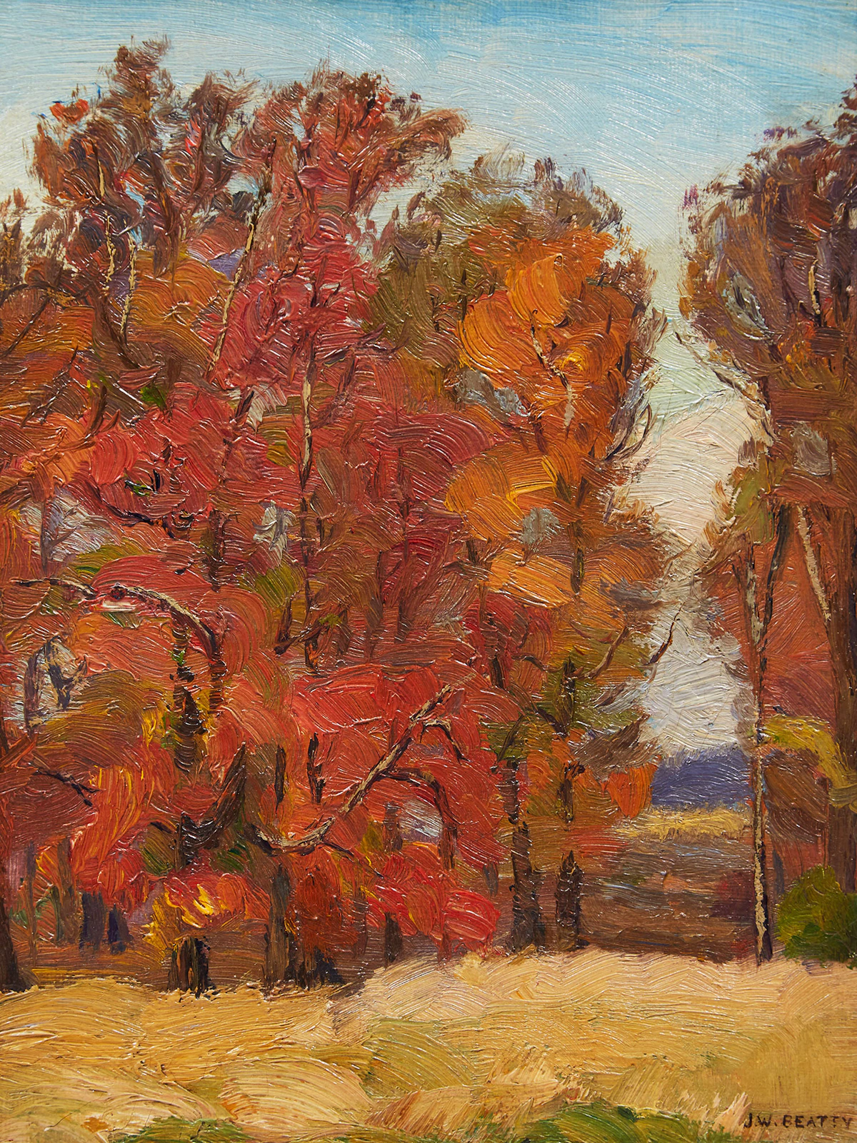 John William Beatty, Trees in Autumn, oil on pulp board, circa 1914-15