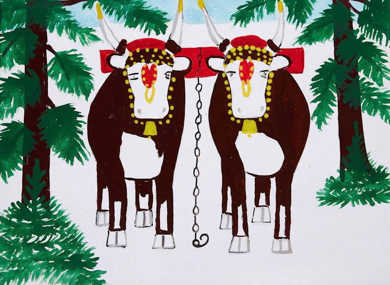 Maud Lewis, Oxen, mixed media on masonite