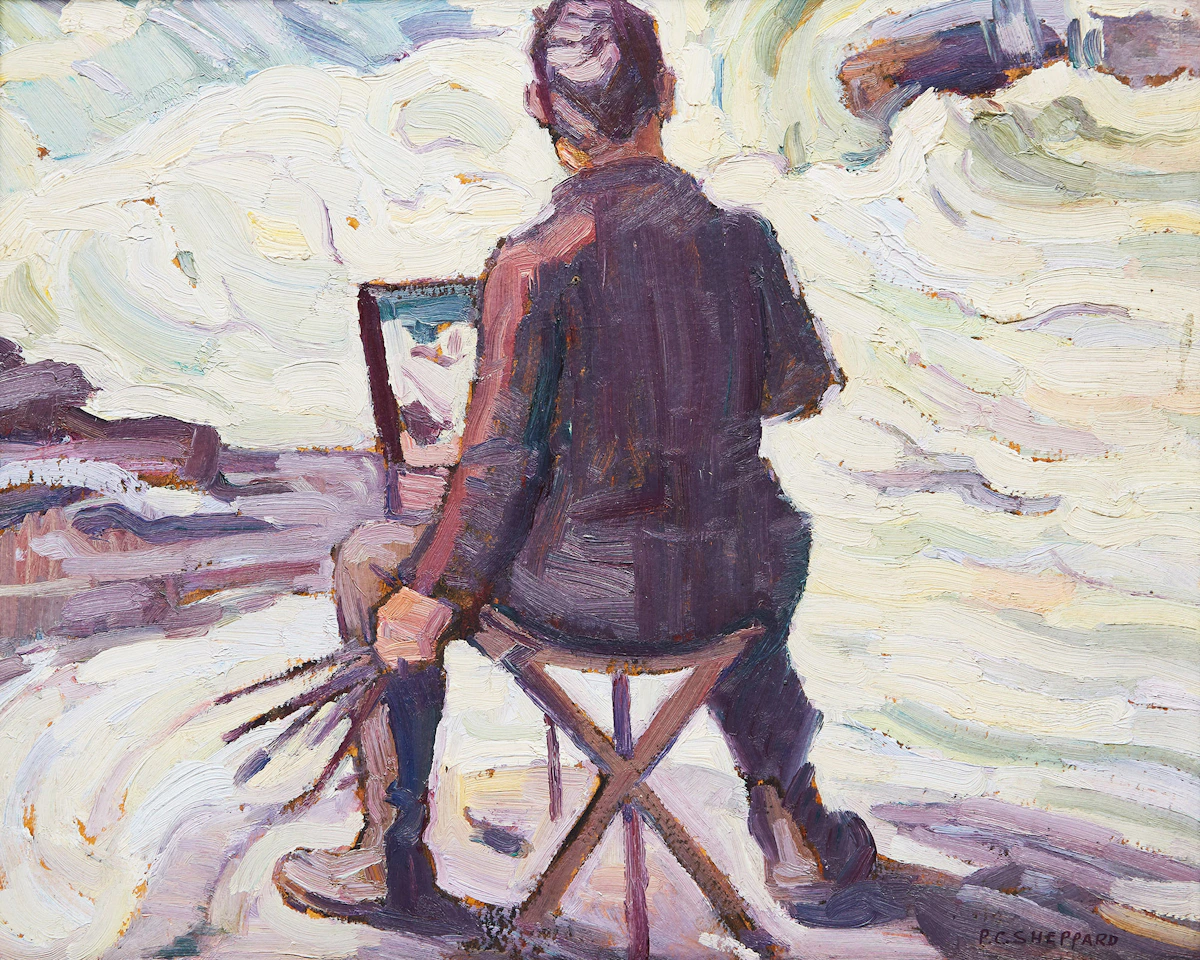 Peter Clapham Sheppard, Painting Muskoka Rapids (Self Portrait), oil on board, 1932