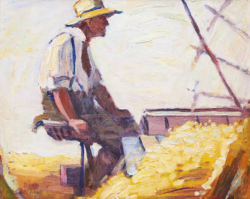 Peter Clapham Sheppard, Wheat Threshing, Ontario, oil on board