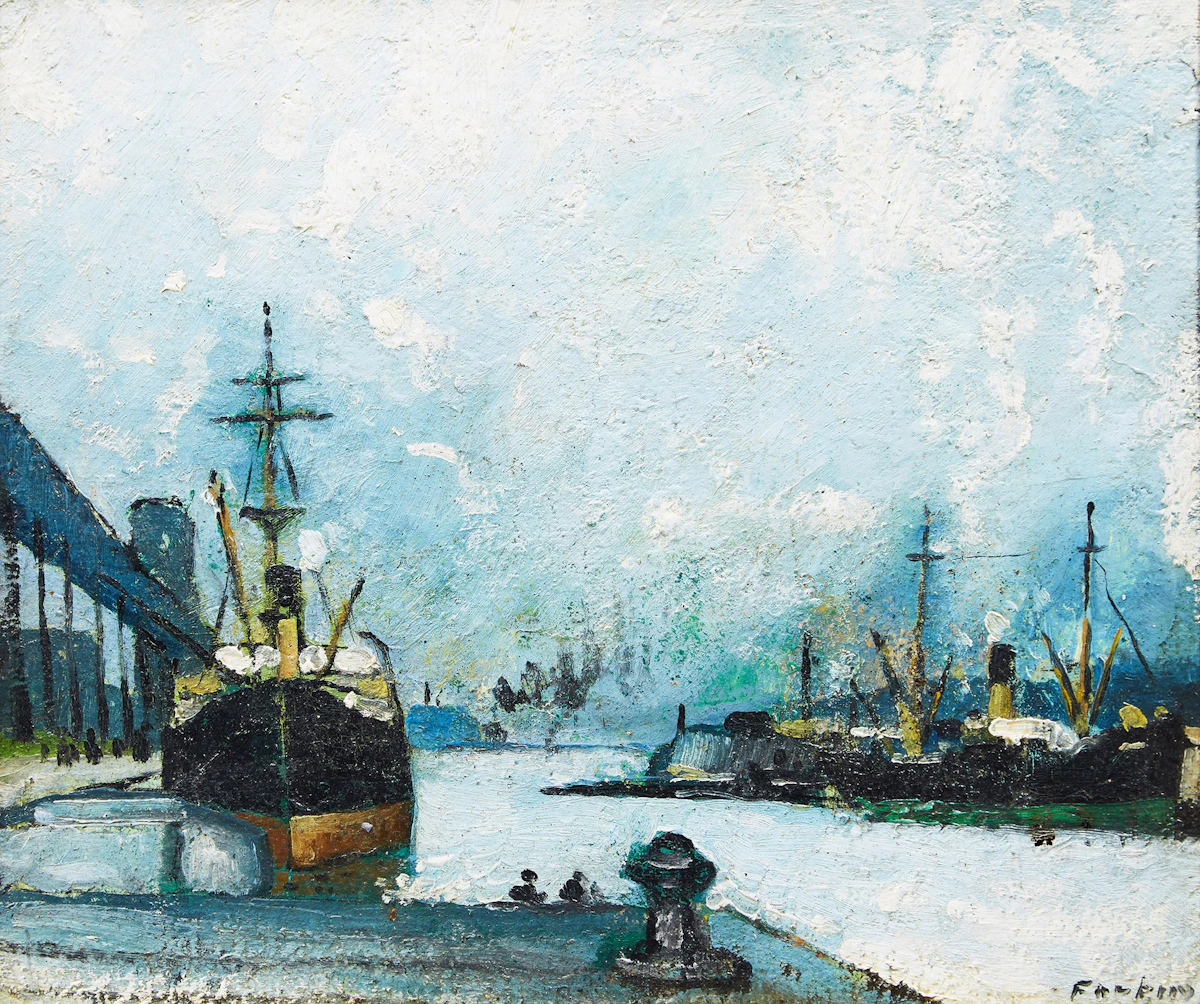 Marc-Aurèle Fortin, Montreal, le Port, oil on board