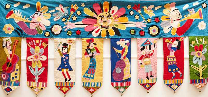 Norman Laliberté, Musicians, Flowers, Sun (8 Panel Series), mixed media tapestry
