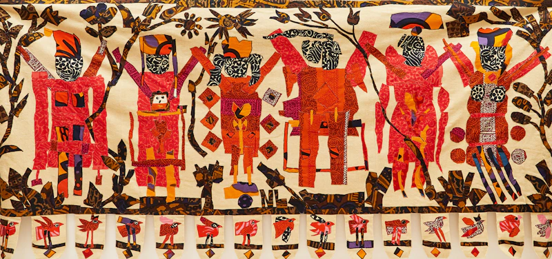 Norman Laliberté, 6 People with Birds, mixed media tapestry