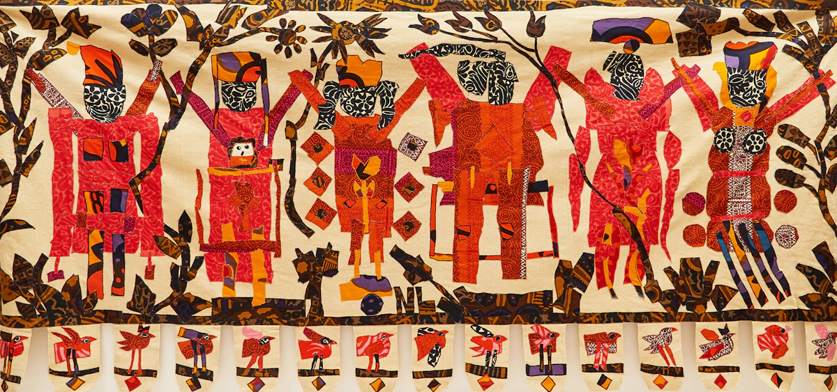 Norman Laliberté, 6 People with Birds, mixed media tapestry