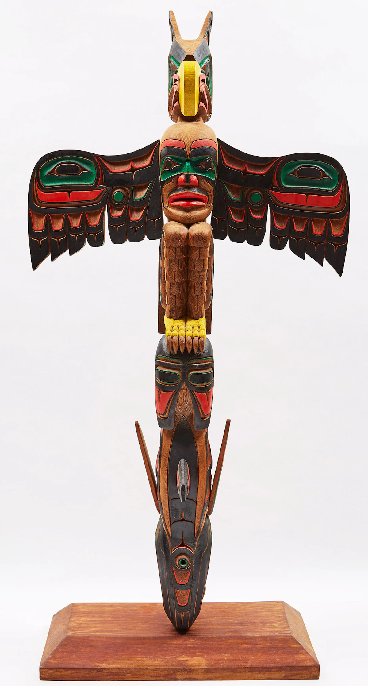Aubrey Johnson, Orca and Eagle Totem, painted wood totem pole sculpture