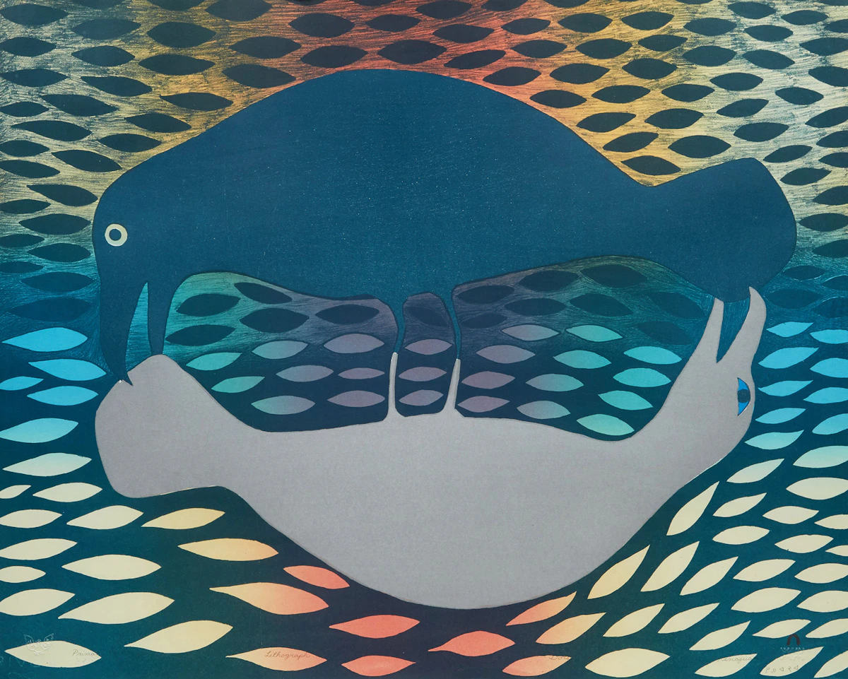 Kenojuak Ashevak, Primal Exchange (2001), colour lithograph, 2001