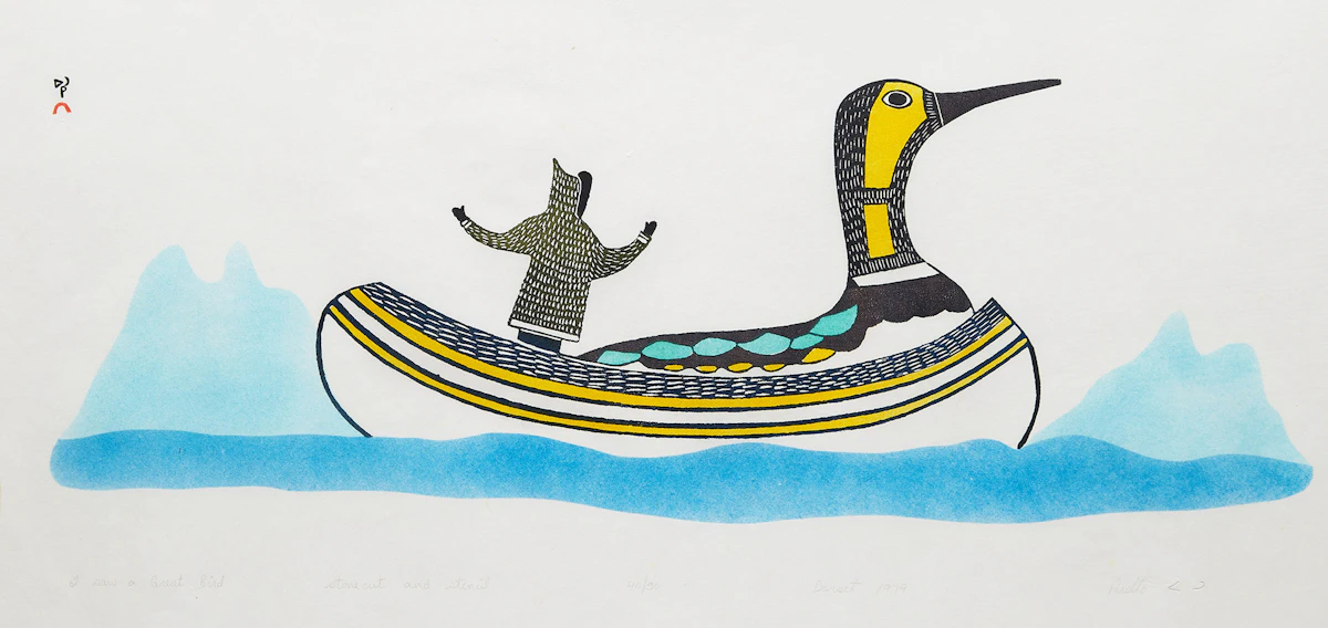 Pudlo Pudlat, I Saw A Great Bird, colour stonecut and stencil, 1979