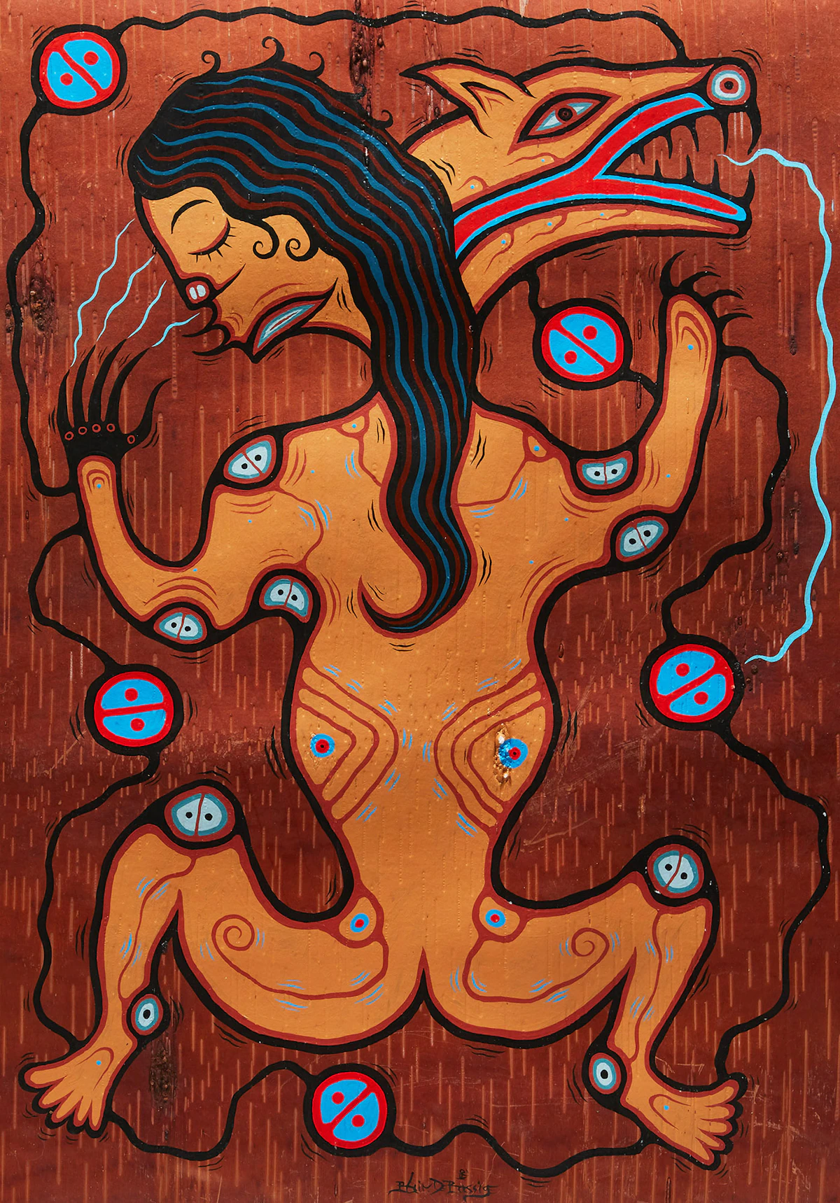 Blake Debassige, Relegation, acrylic on bark, 1997