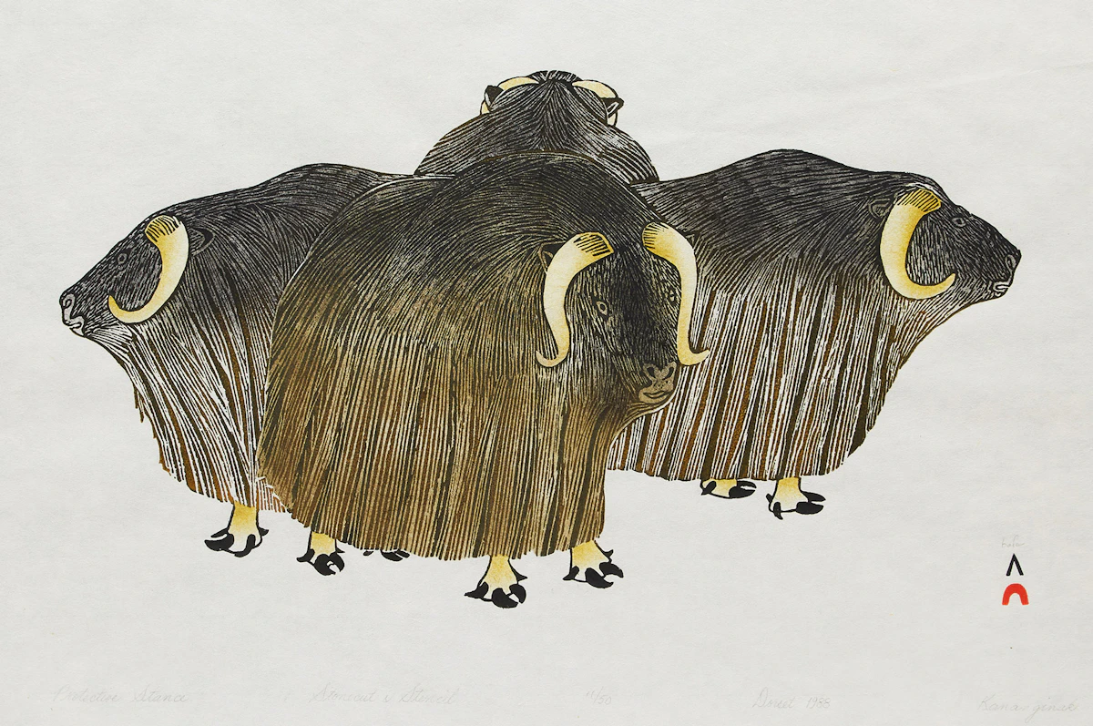 Kananginak Pootoogook, Protective Stance, stonecut and stencil, 1988
