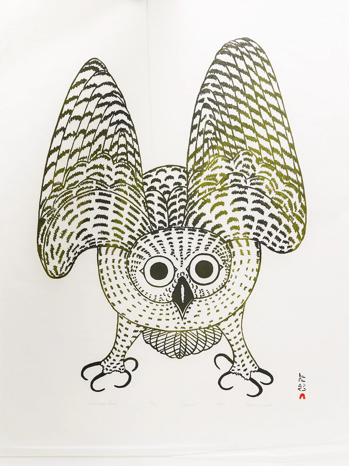 Kananginak Pootoogook, Summer Owl, stone cut, 1971