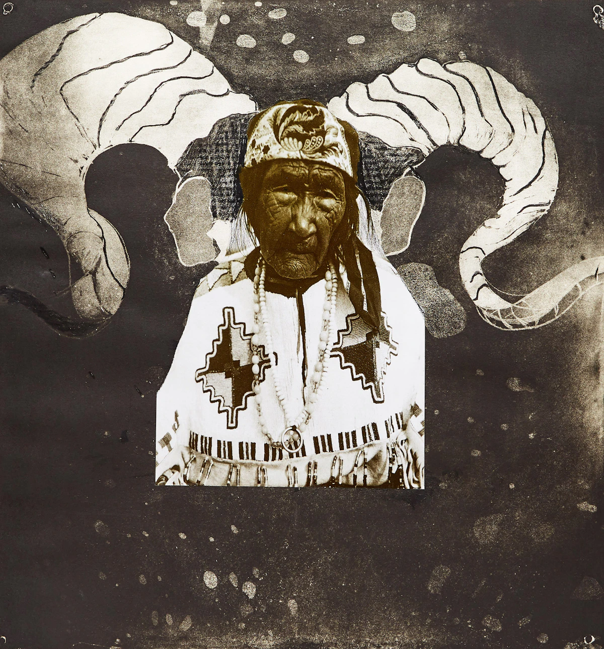 Jane Ash Poitras, Shaman Lady, screenprint and collage on paper