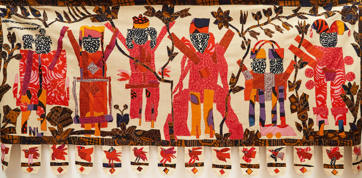 Norman Laliberté, Pink Figures and Birds, mixed media tapestry