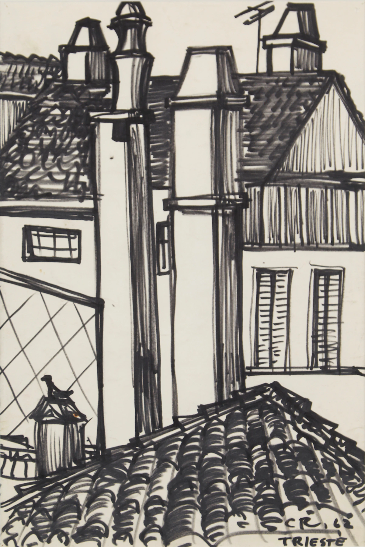 Unknown 20th Century Artist, Rooftops, ink on paper