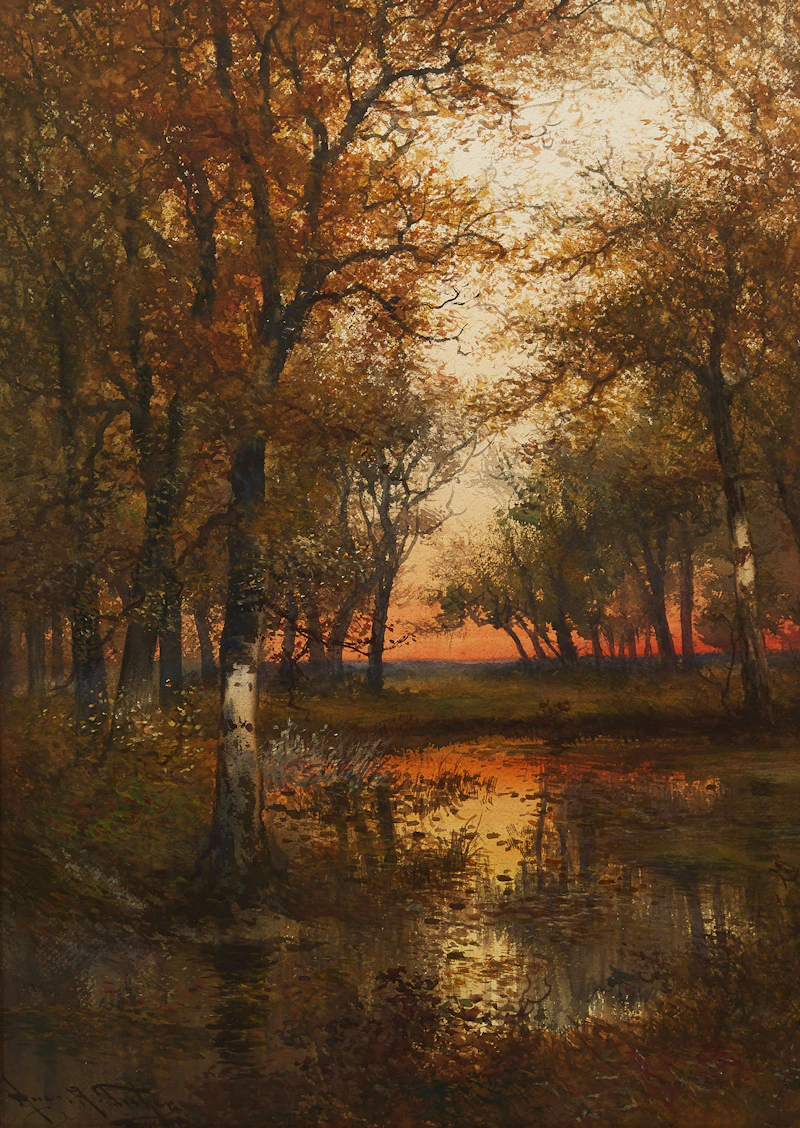 Hugo Anton Fisher, Woodland Pool, Sunset, watercolour
