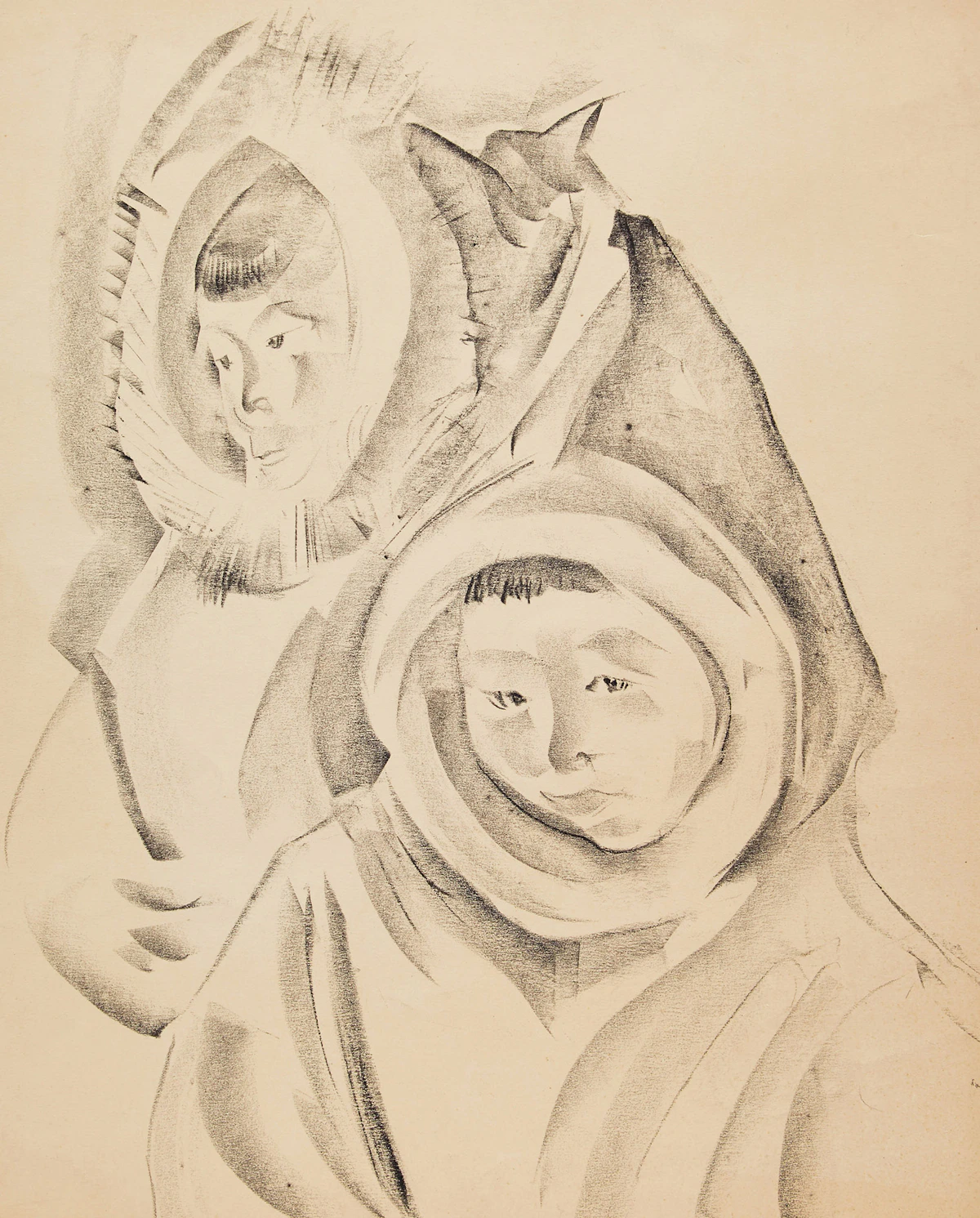 Kathleen Frances Daly Pepper, Two Inuit Children, charcoal drawing