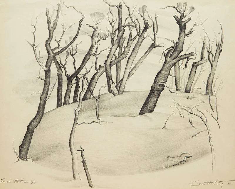 Ernest Caven Atkins, Trees in the Snow, lithograph