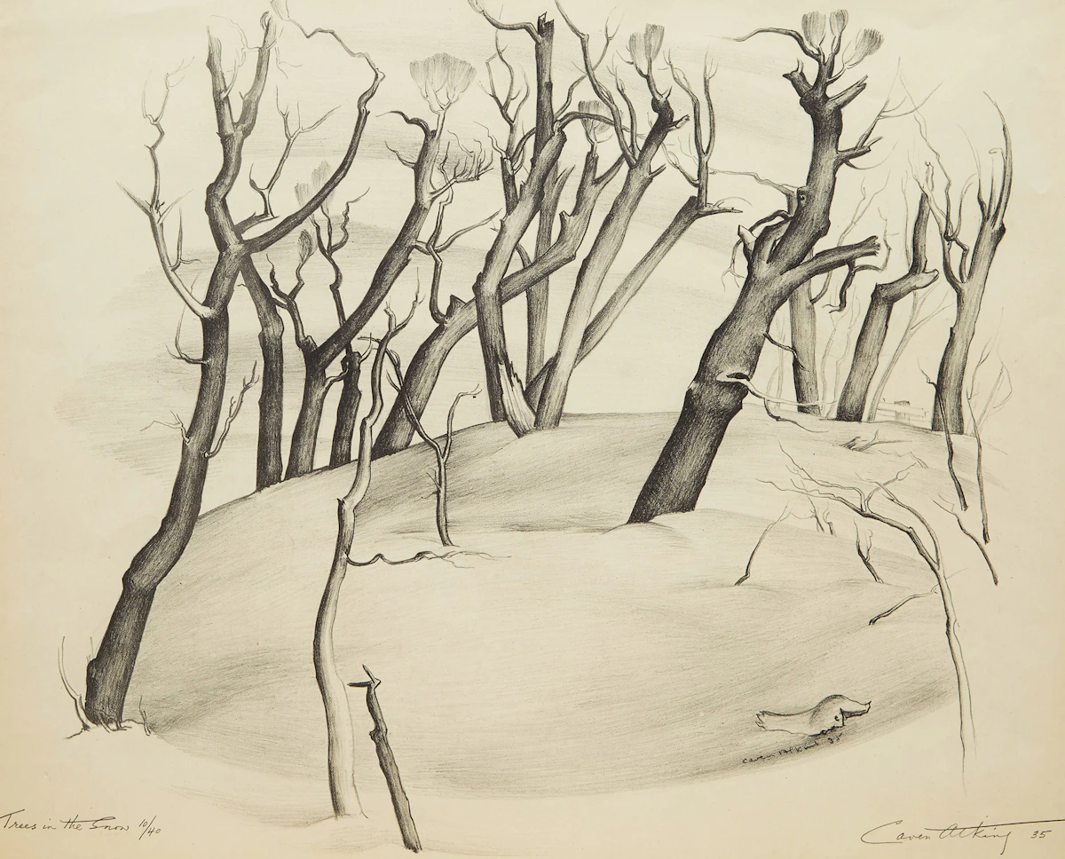Ernest Caven Atkins, Trees in the Snow, lithograph, 1935