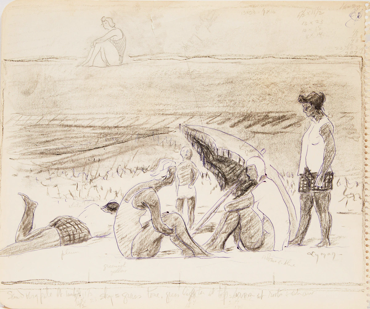John Goodwin Lyman, Studies for “Beach Scene” , ink and charcoal on paper; ink on paper