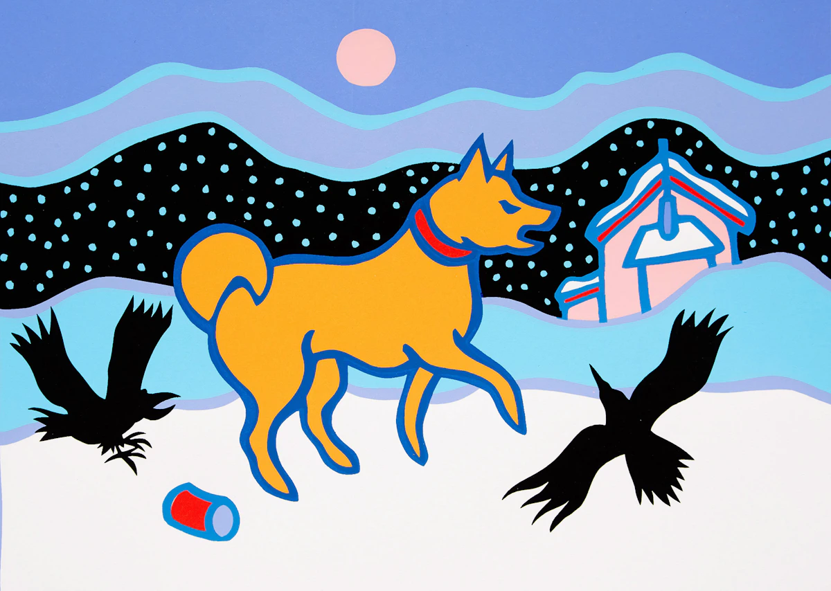 Ted Harrison, Snowdog; Alaska Snowfall , two serigraphs, 1987-1989