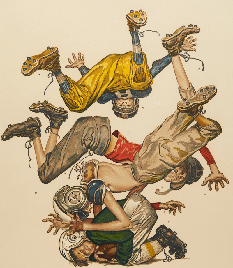 Norman Percevel Rockwell, Four Sporting Boys - First Down, colour lithograph