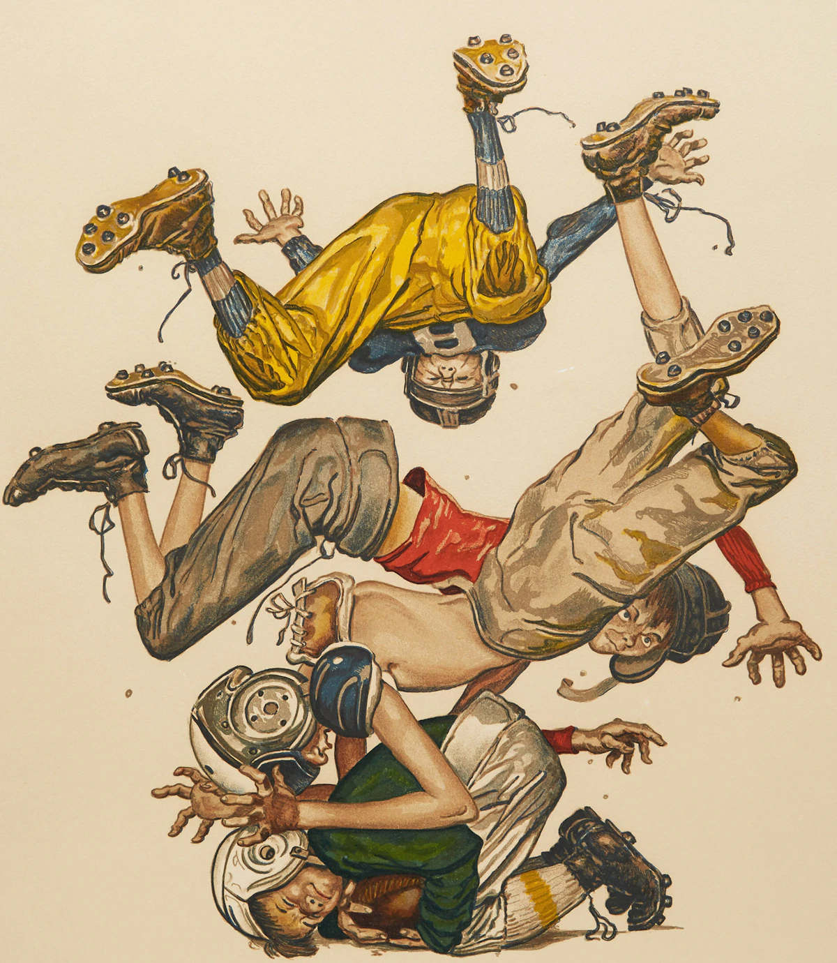 Norman Percevel Rockwell, Four Sporting Boys - First Down, colour lithograph
