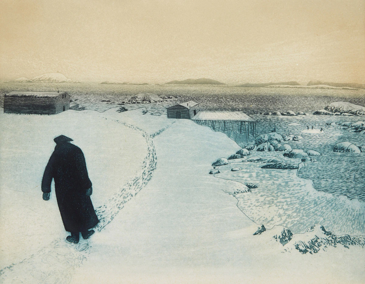 David Lloyd Blackwood, Uncle Ned Hill Home in Wesleyville, colour etching and aquatint, 1976