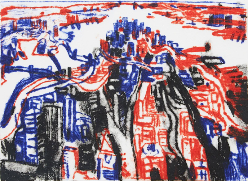 John Hartman, Three Works from the Rivers and Cities Portfolio: Broadway and Fifth; Burrard Inlet, Vancouver; Manhattan from above Brooklyn , three colour drypoint etchings