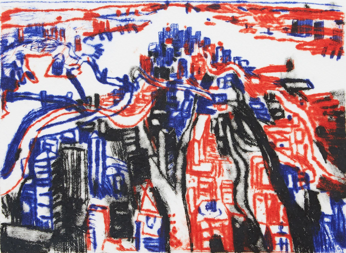 John Hartman, Three Works from the Rivers and Cities Portfolio: Broadway and Fifth; Burrard Inlet, Vancouver; Manhattan from above Brooklyn , three colour drypoint etchings, 2006