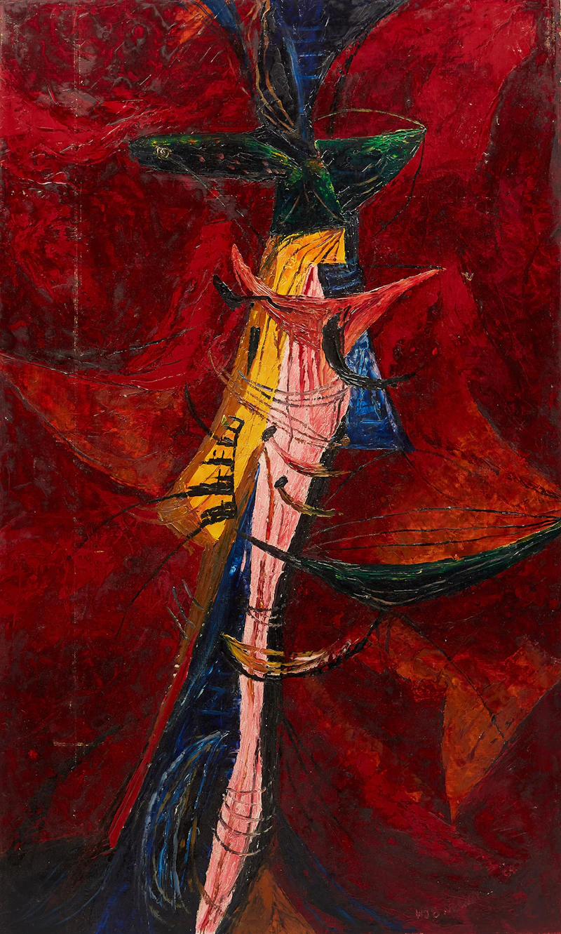 William John Bertram Newcombe, Abstract Form on Red, oil on masonite