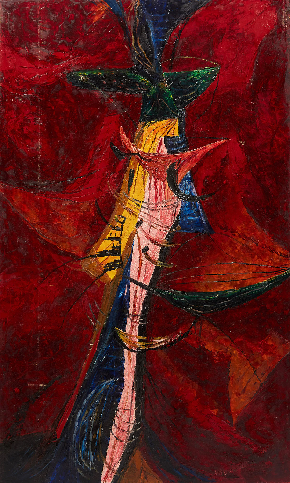 William John Bertram Newcombe, Abstract Form on Red, oil on masonite, 1954