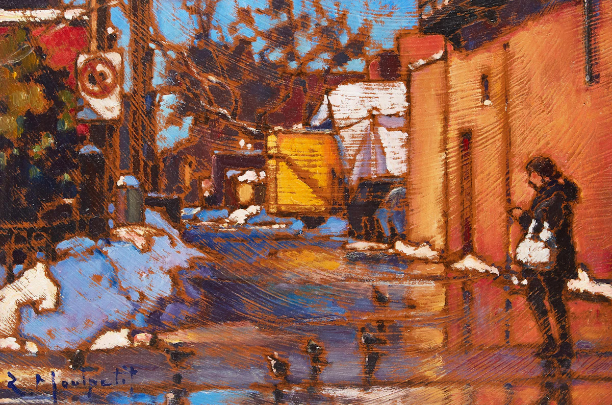 Raphael Montpetit, Dégel rue, St. Viateur, oil on board