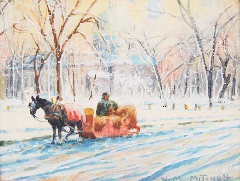 The Little Red Sleigh at Dominion Square, Montreal; The Log Chateau of the Seigniory Club at Montebello, P.Q. by Willard Morse Mitchell