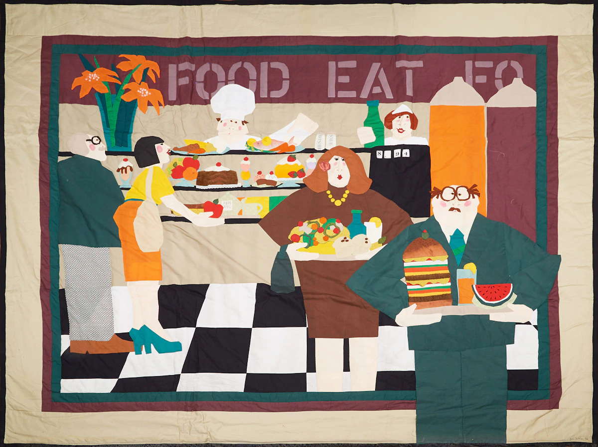 Jane Buckles, Out to Lunch I, mixed media tapestry