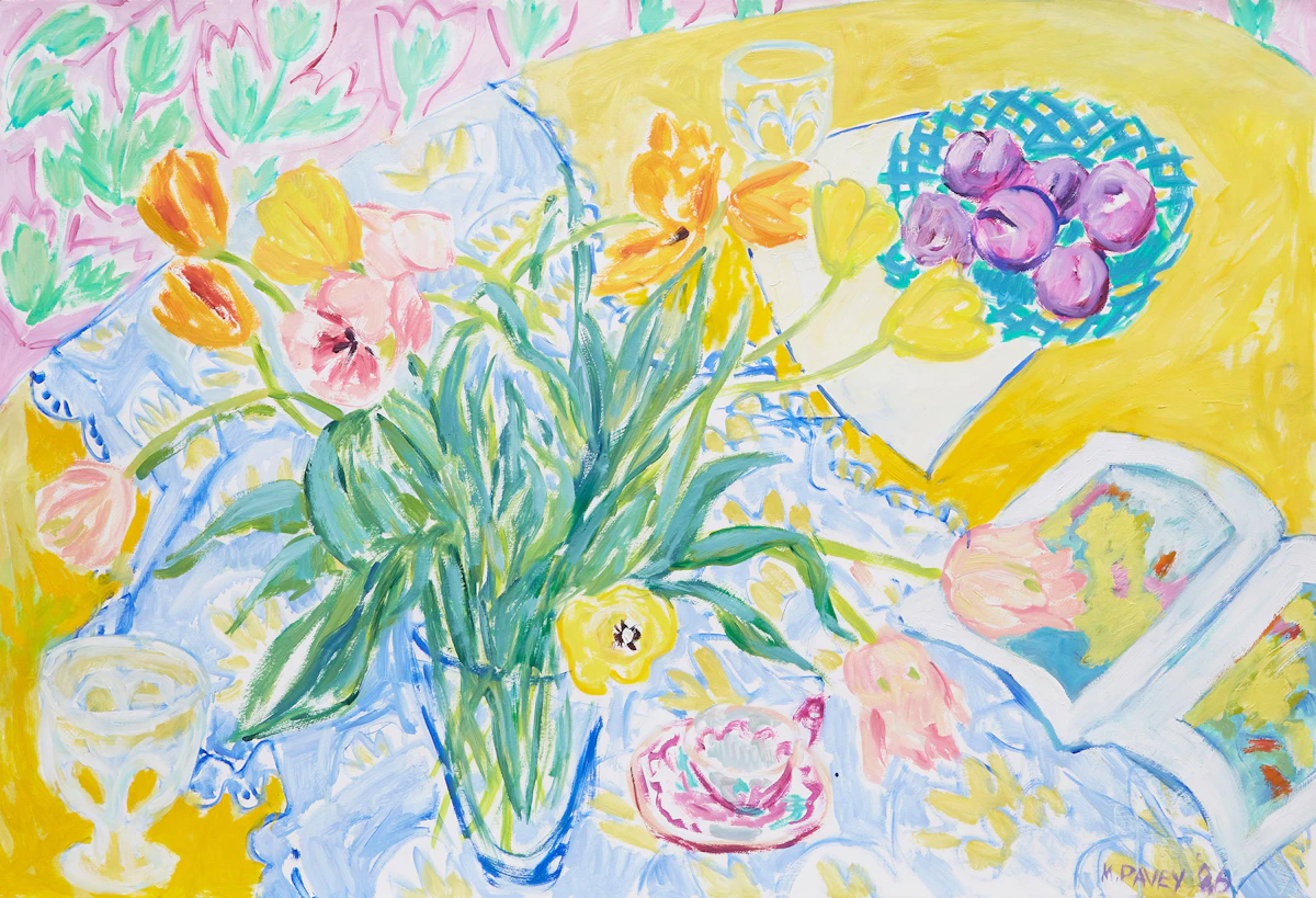 Mary Pavey, Vase of Flowers on Tablecloth, oil on paper, 1986
