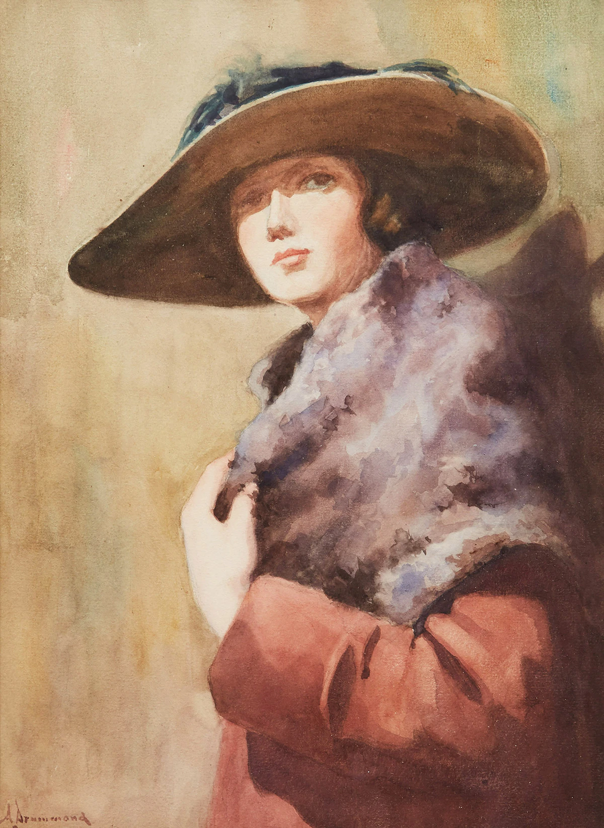 Arthur Drummond, Woman in Hat with Fur Stole; Seated Woman , two watercolours