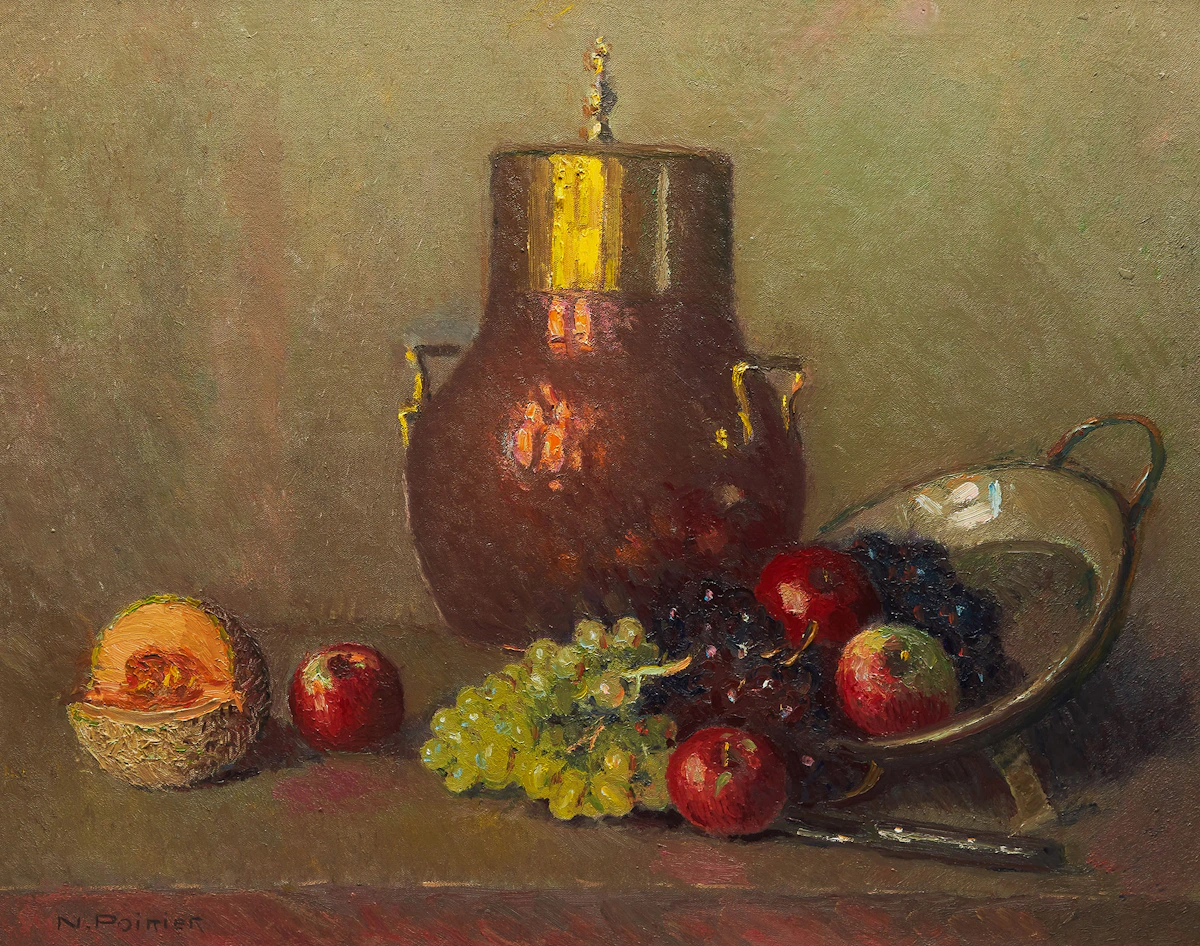Narcisse Poirier, Antiquité et fruits, oil on canvas