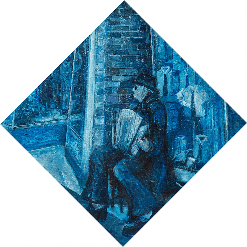 Gordon Roache, Blind Accordianist in Blue, oil on board