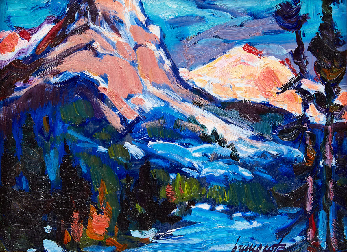 Bruno Côté, Sunset on the Rockies, oil on masonite, circa 1995