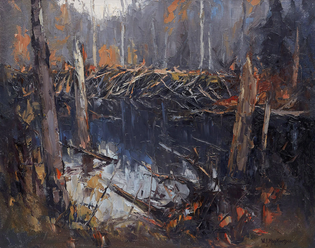 William John Hopkinson, Old Beaver Dam, Kenissis Lake, Haliburton, Ont, oil on board, 1967