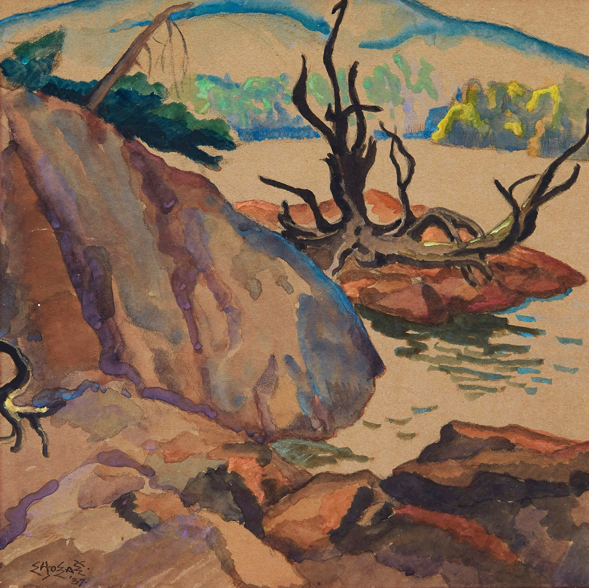 Edwin Headley Holgate, Tip of the Island, Lac Tremblant, watercolour, 1937