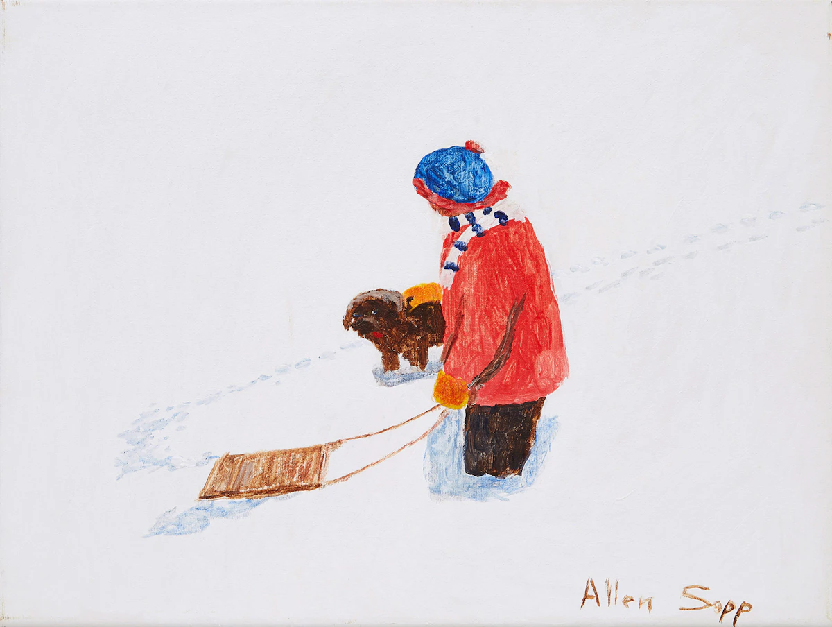 Allen Sapp, Sledding with Dog, acrylic on canvas