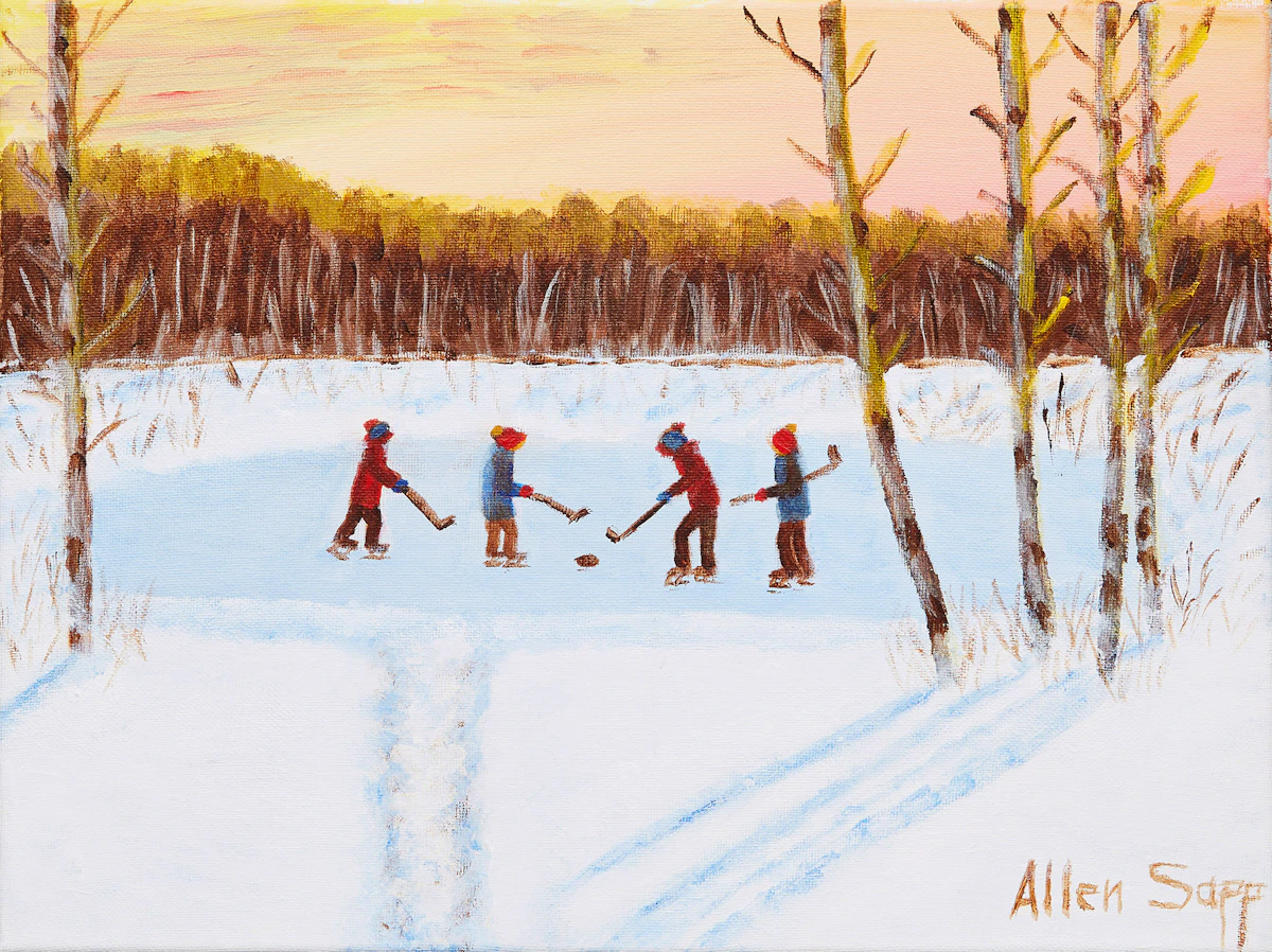 Allen Sapp, Playing Hockey, acrylic on canvas